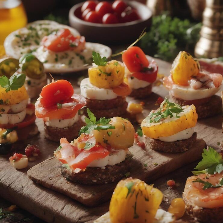 Appetizers: mini stacked sandwiches with tomato, cheese, salmon, herbs on a wooden board.