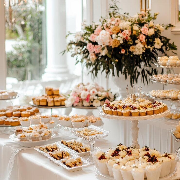 A dessert table with various pastries and flowers, set against a white backdrop.