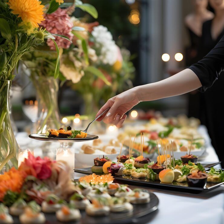 A person's hand reaches for food on a buffet table with flowers and candles; blurred background.