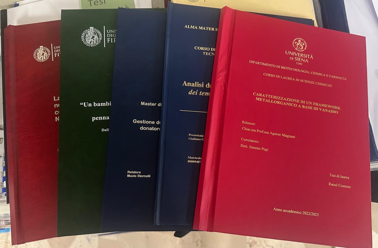 Una fila di libri rilegati con copertine rosse, verdi e blu e scritte dorate.