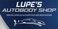 Lupe&rsquo;s Autobody Shop logo on a blue background with a white car and boat silhouette, specializing in auto and boat repair