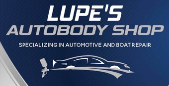 Lupe&rsquo;s Autobody Shop logo on a blue background with a white car and boat silhouette, specializing in auto and boat repair