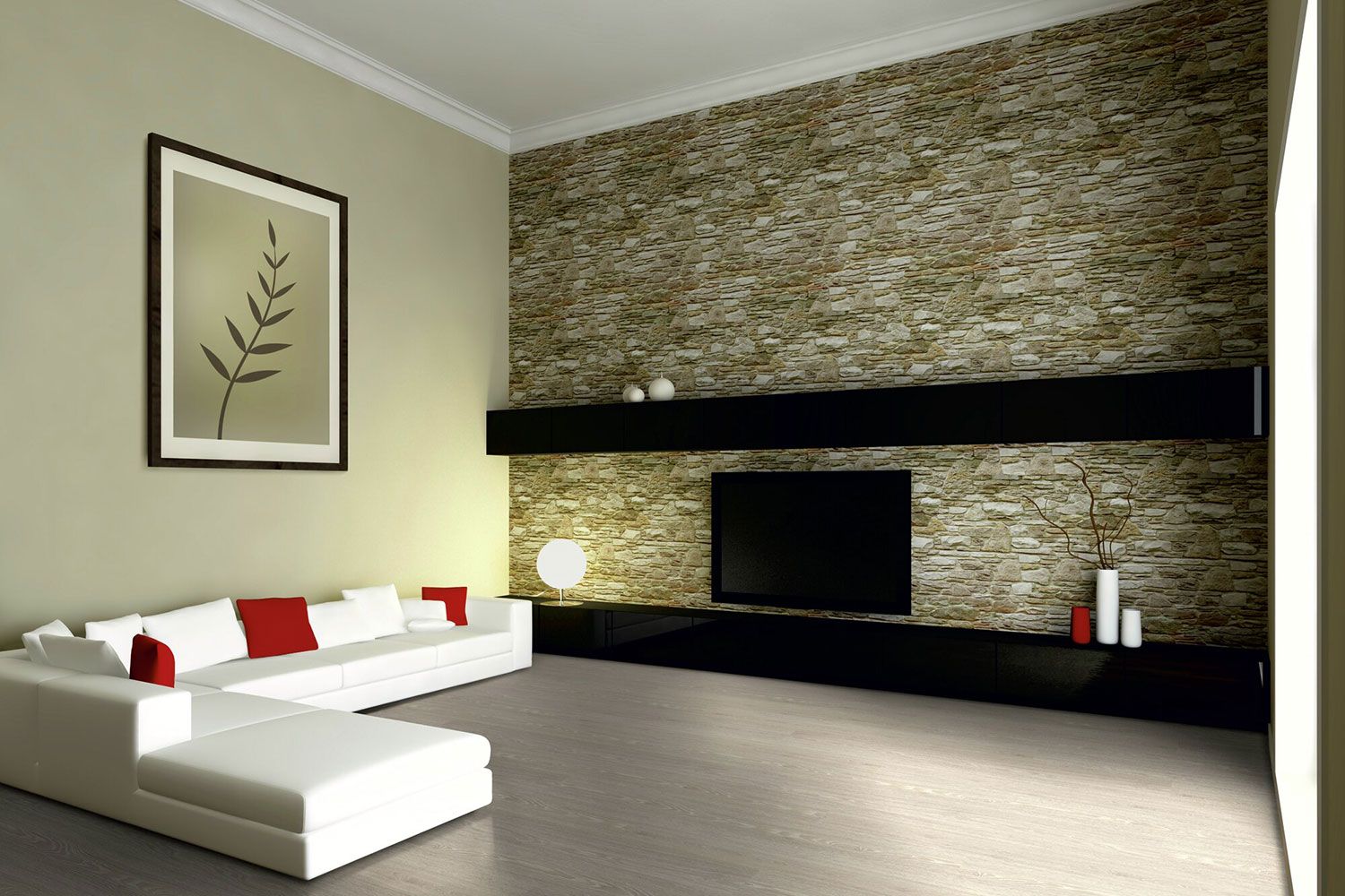 Pavimento in legno a Novara in un salotto con pareti in pietra ricostruita