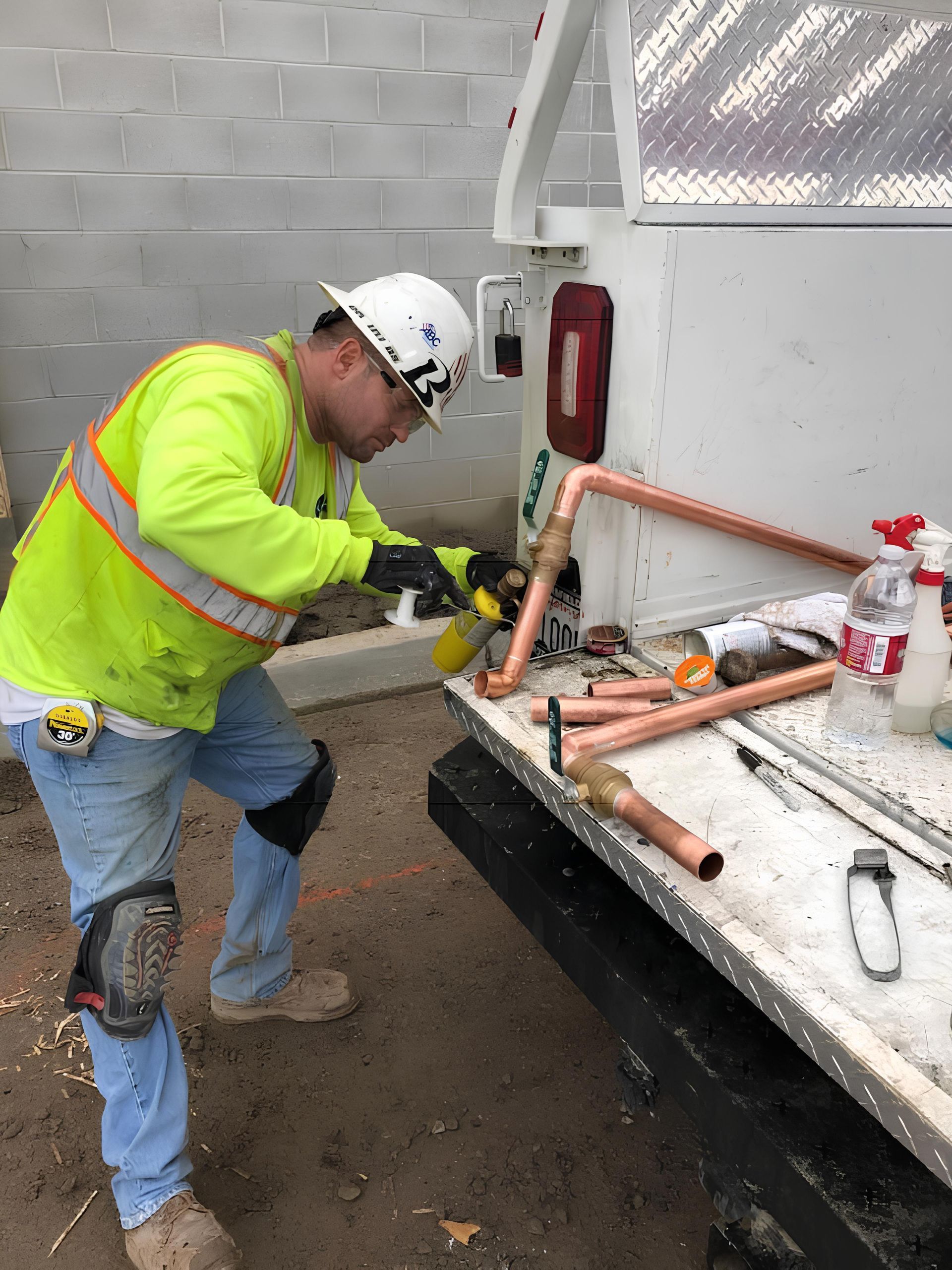 A man is working on pipes in the back of a truck.