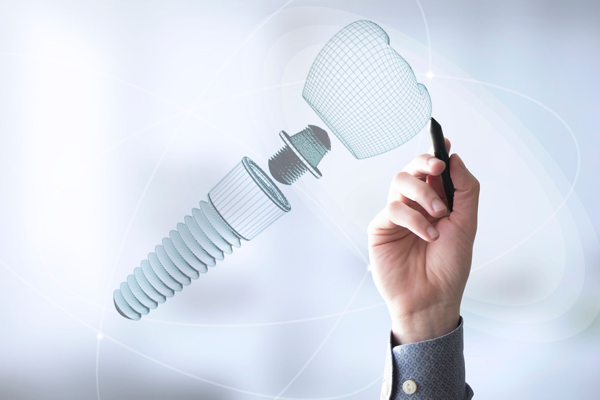 Hand drawing dental implant components, wireframe style.