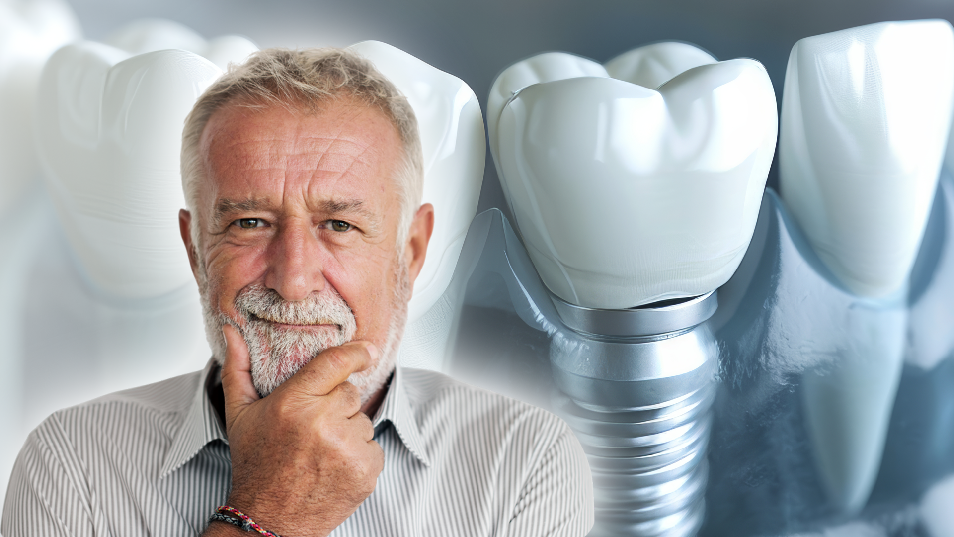 Man contemplating dental implants, with models of teeth in the background.