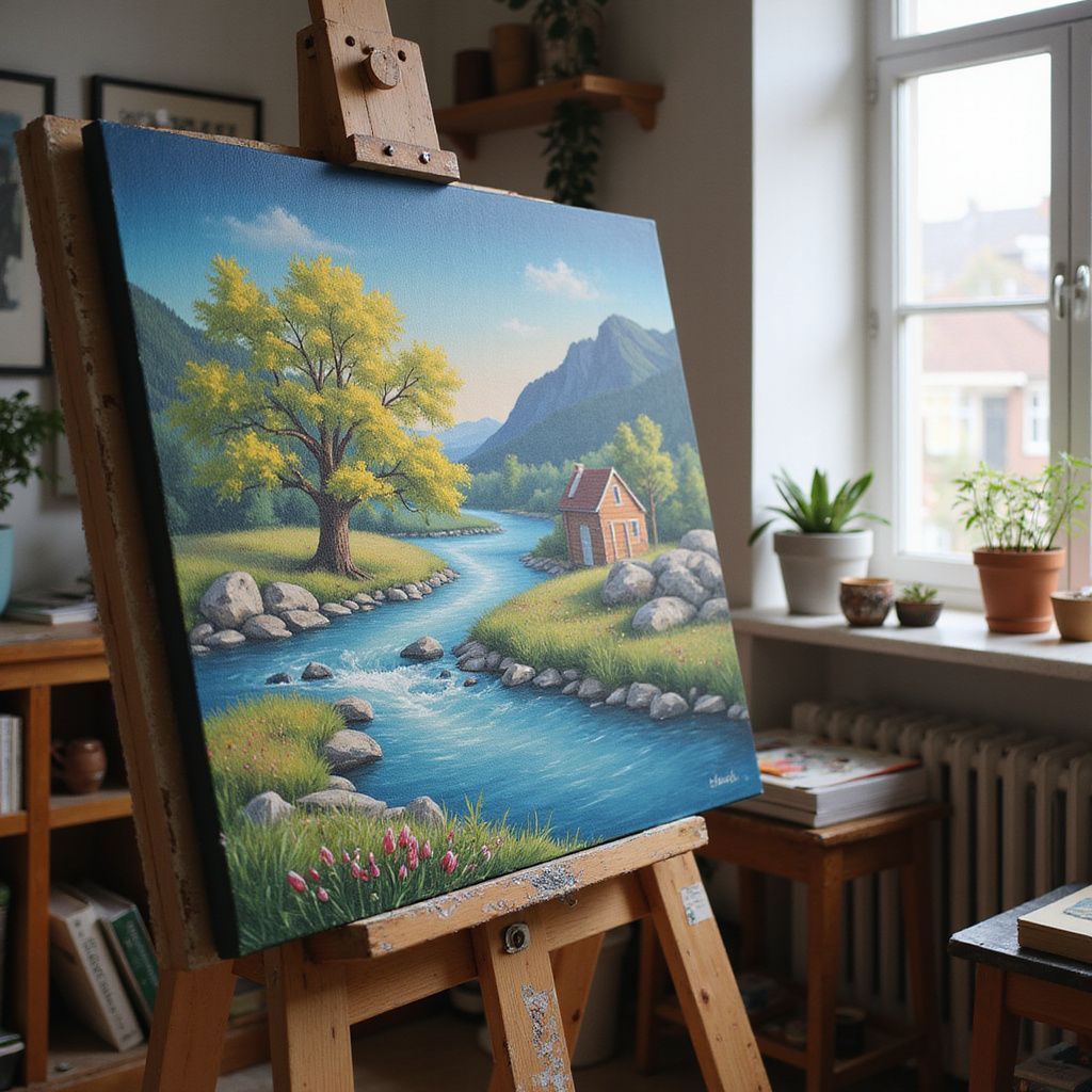Painting on easel depicting a river flowing through a scenic landscape with a cabin, mountains, and trees.