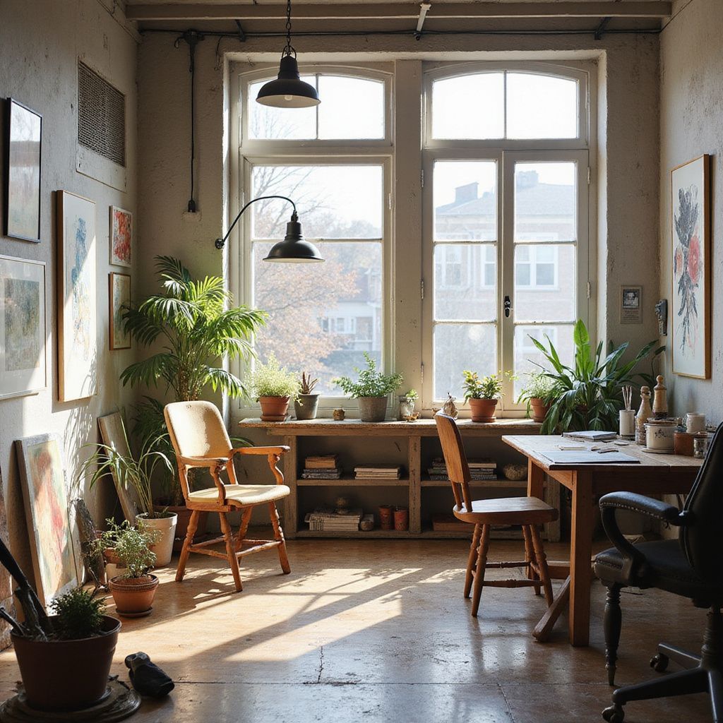 Cozy artist's studio. Sunlight streams through a large window, illuminating plants, artwork, and a desk. 