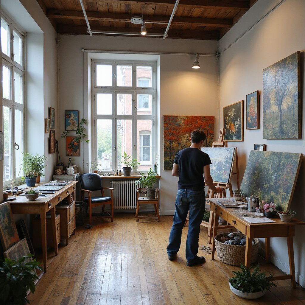 Artist in studio, painting at easel. Sunlight streams in large windows, illuminating art and plants.