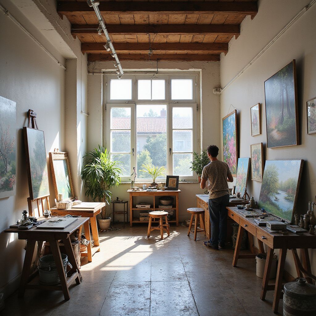 Artist in sunlit studio, painting at a wooden table, surrounded by art and plants.