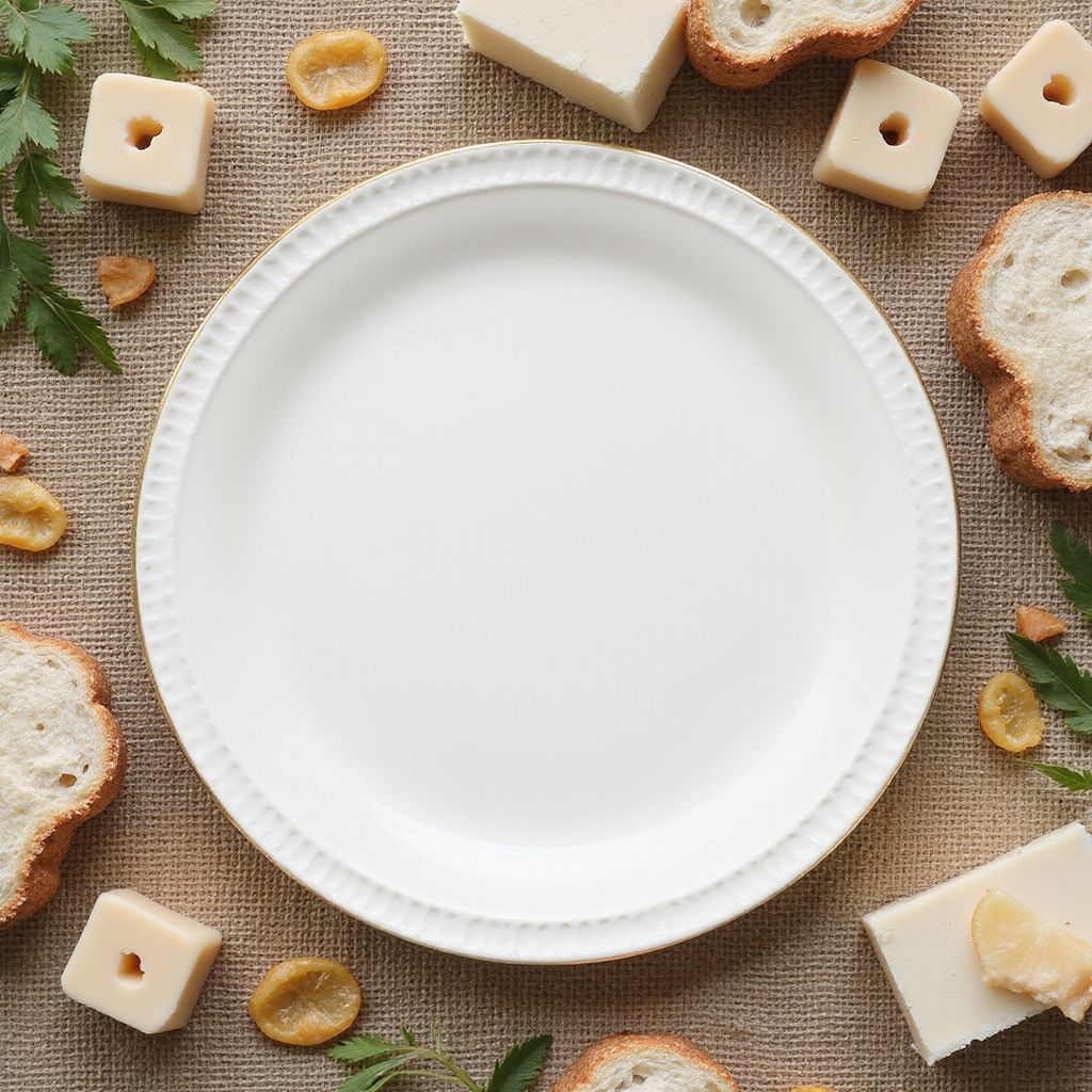 White plate centered on burlap, surrounded by cheese, bread, and dried fruit.