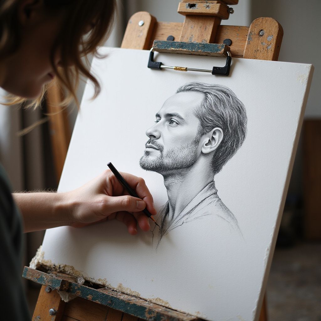Artist drawing a detailed pencil portrait of a man, on a wooden easel in a studio.