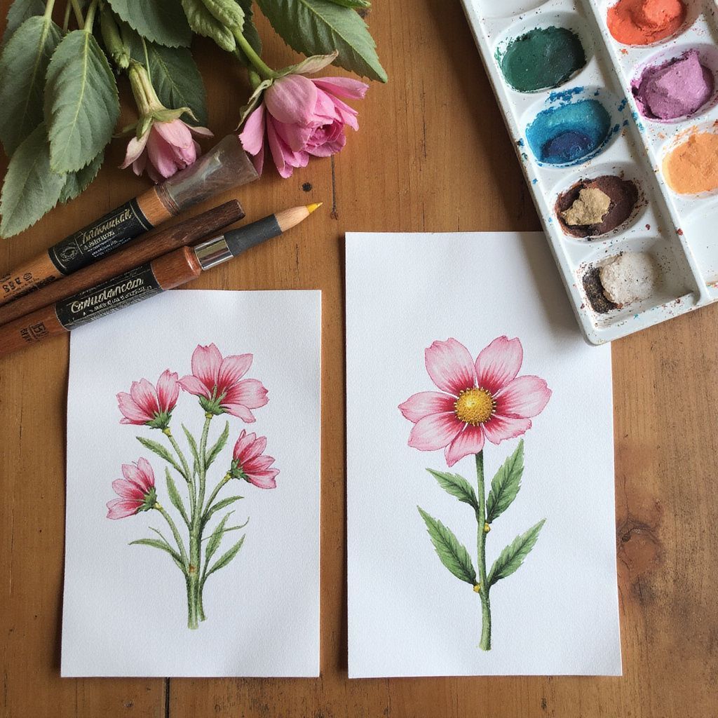 Watercolor paintings of pink flowers with paintbrushes, paint palette, and flowers on a wooden table.
