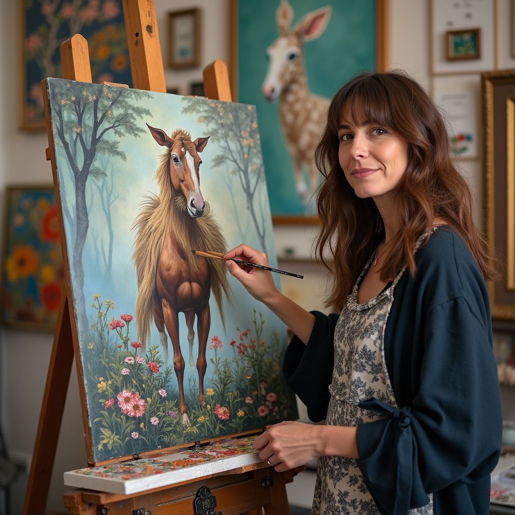 Woman paints a horse on canvas in her art studio, other paintings in background.