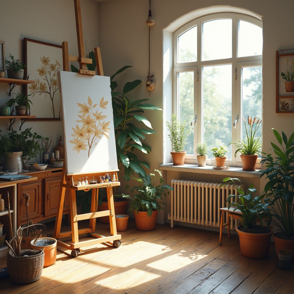 Art studio with an easel holding a painting of yellow flowers. Plants in terracotta pots sit by a large window.