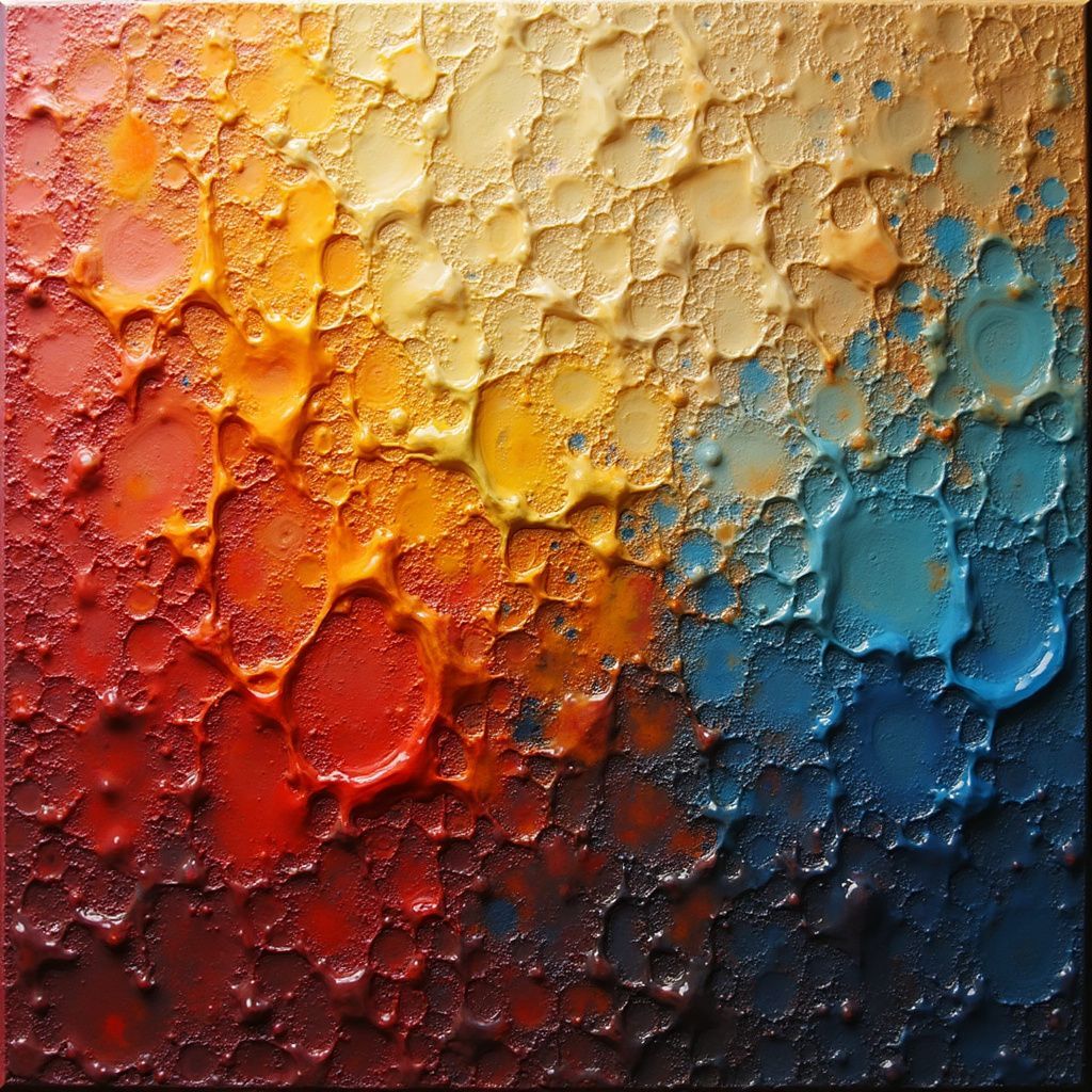 Textured abstract art with red, orange, yellow, and blue colors blending.