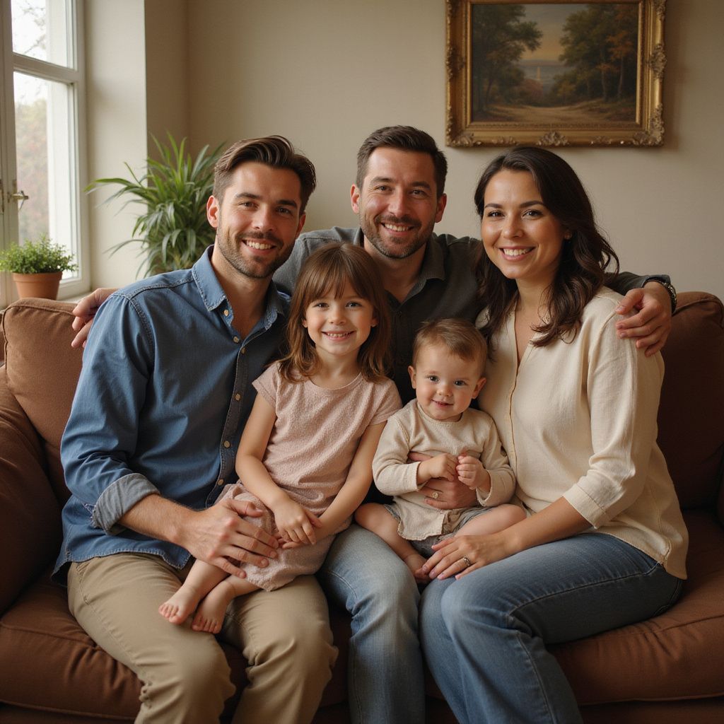 Family of five sitting on a couch smiling, one man with arms around a woman and daughter, one man holding a baby.