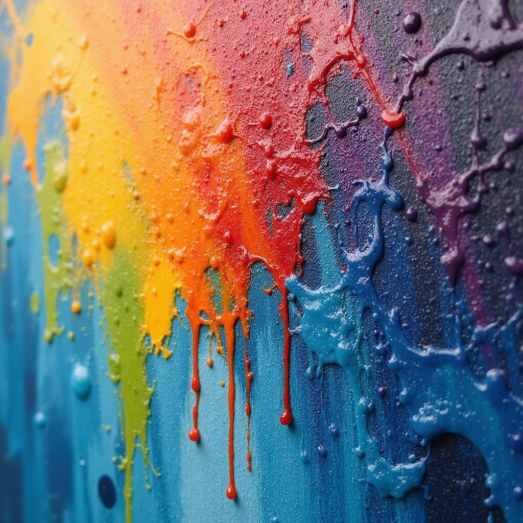 Colorful paint drips down a canvas, blending from yellow to red and blue, creating a vibrant abstract artwork.