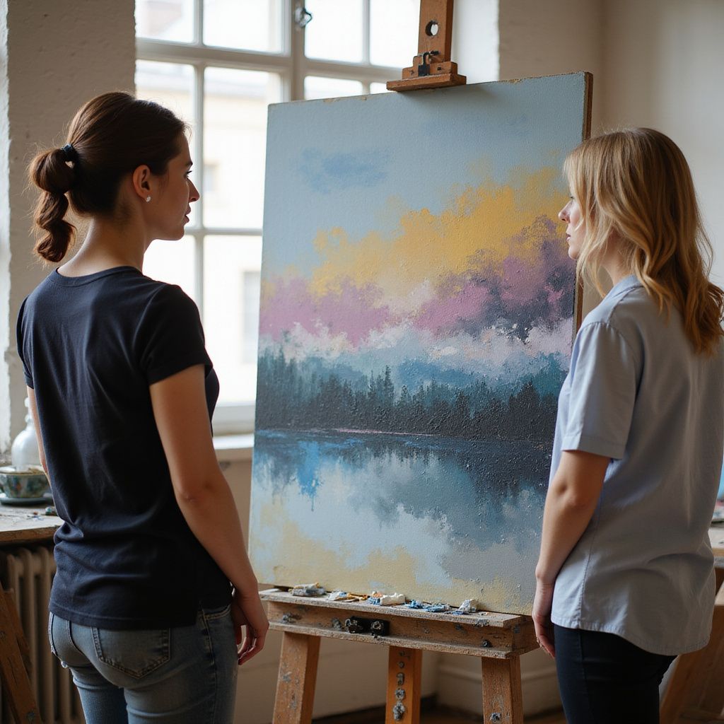 Two people look at a landscape painting on an easel in a well-lit studio.