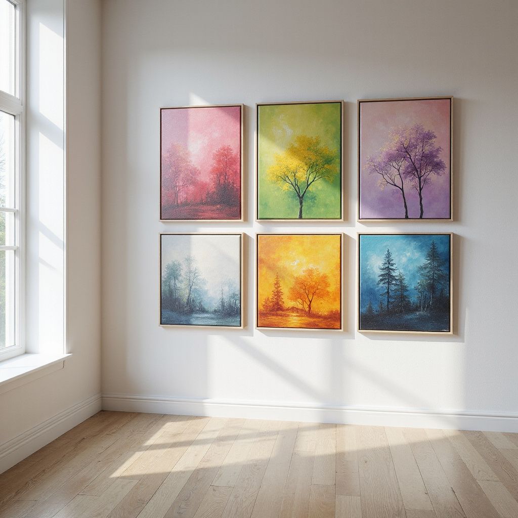 Six framed paintings of colorful trees on a white wall in a room with hardwood floors and a window.