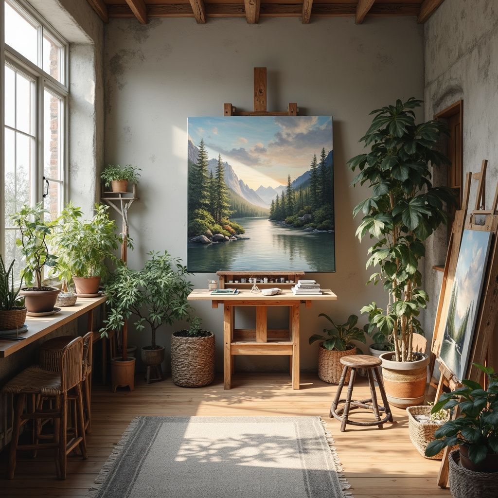 Cozy art studio with large window, plants, wooden easel holding a landscape painting.