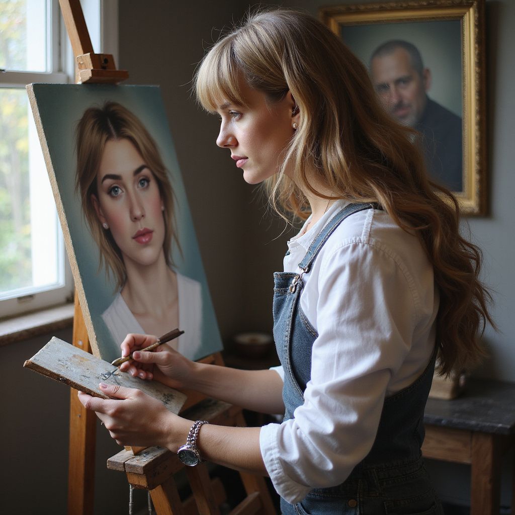 Woman painting a portrait on an easel, holding a tool, another portrait in the background. Light-filled room.