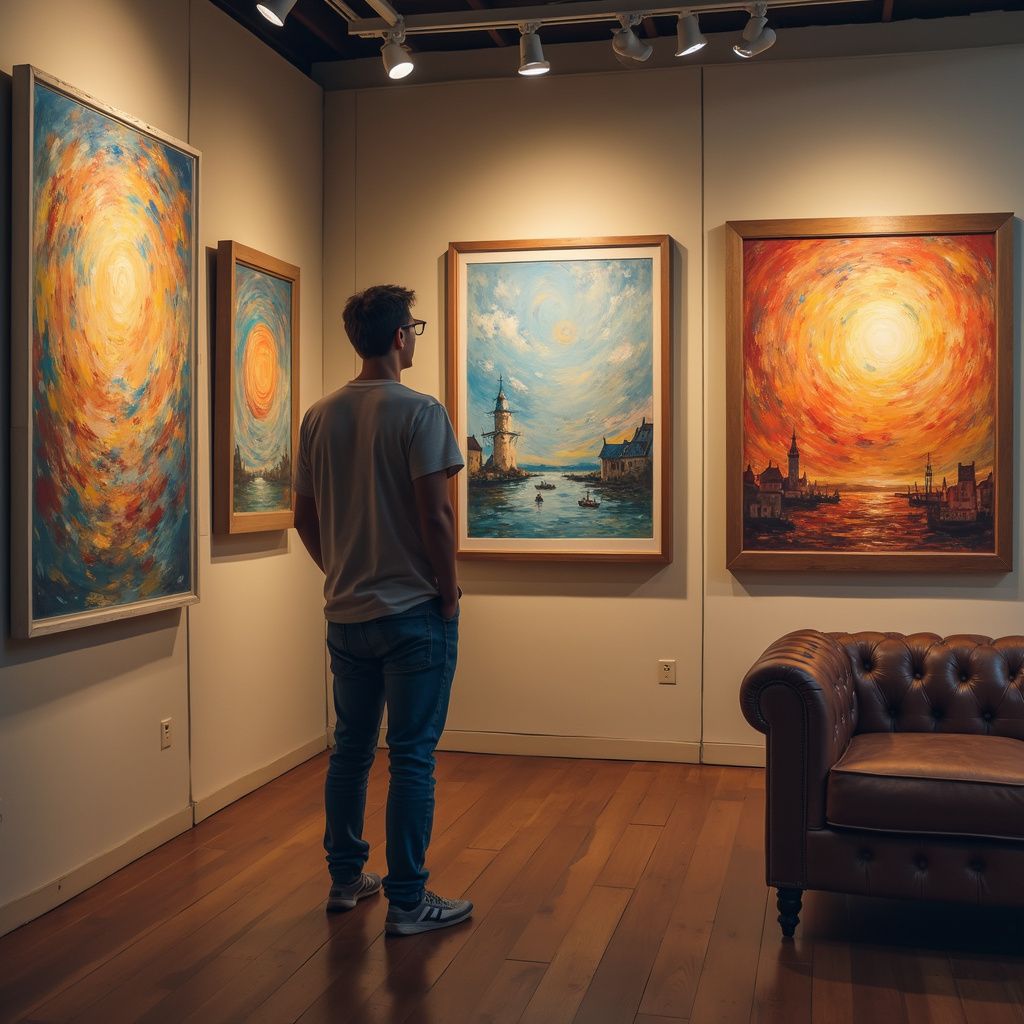 Man viewing paintings in a gallery. Paintings feature abstract swirls and landscapes. Leather sofa sits nearby.