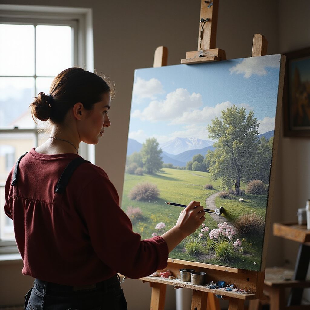 Woman paints landscape on a canvas in a well-lit studio; green field, mountains, blue sky.