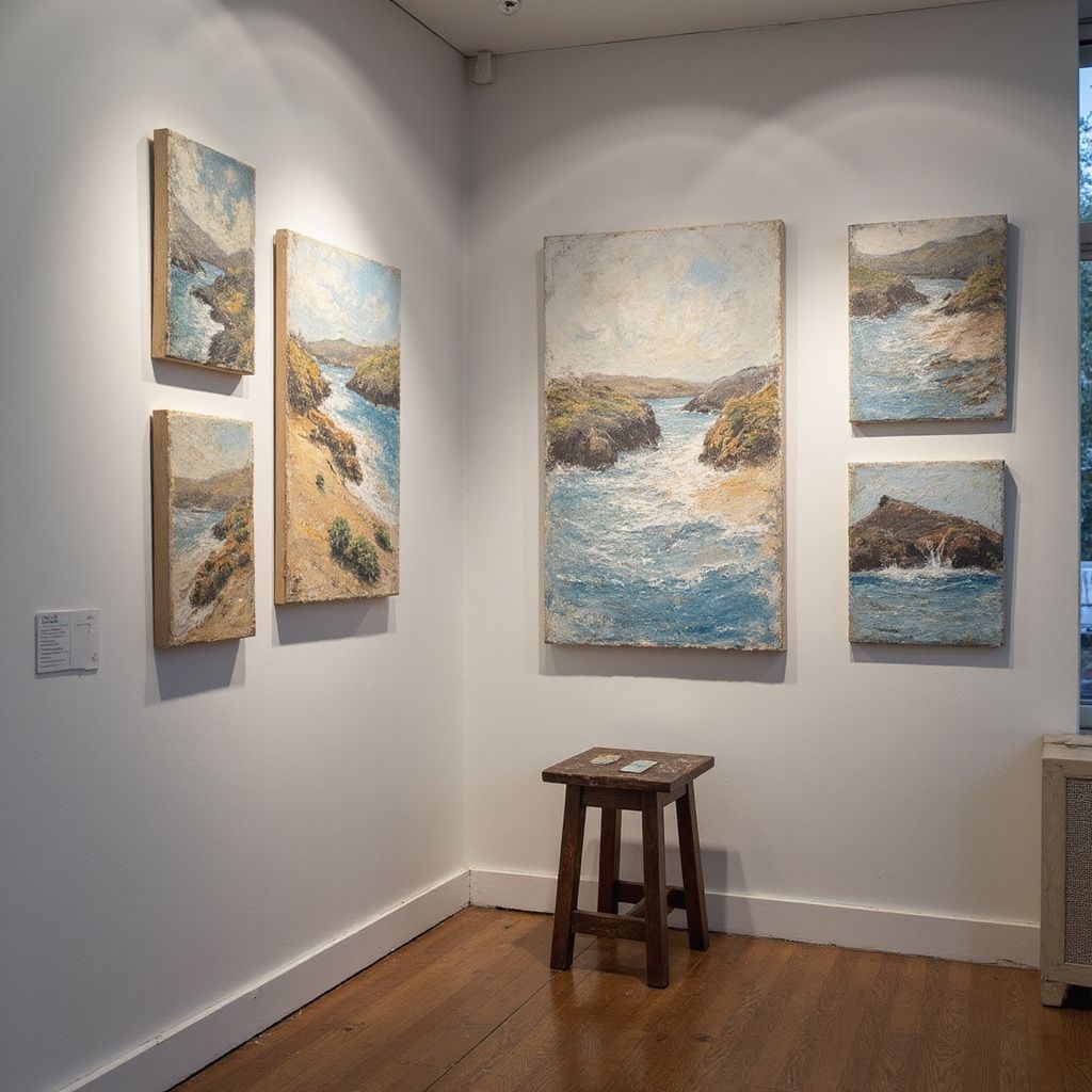 Art gallery corner with five landscape paintings on display and a small wooden stool.