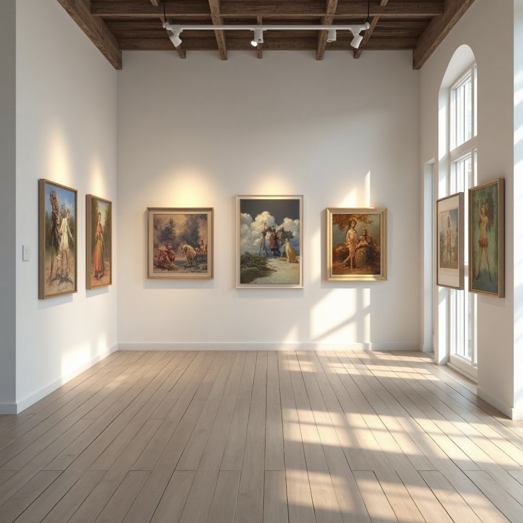 Art gallery with sunlight, framed paintings, and wooden floors.