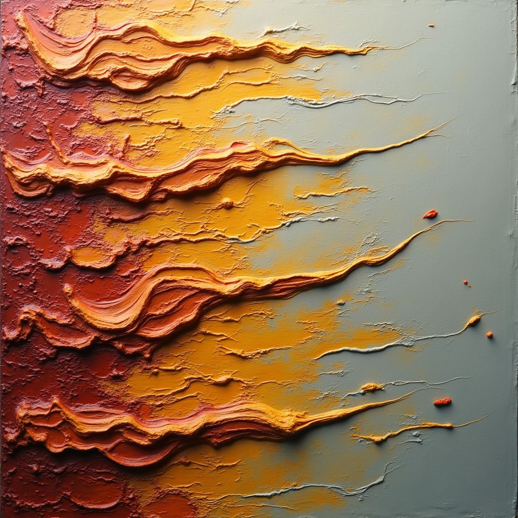 Textured abstract painting with red, orange, and yellow swaths against a grey background.