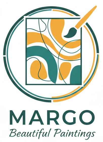 Logo: Square of abstract teal and gold shapes, paintbrush, circle frame, text