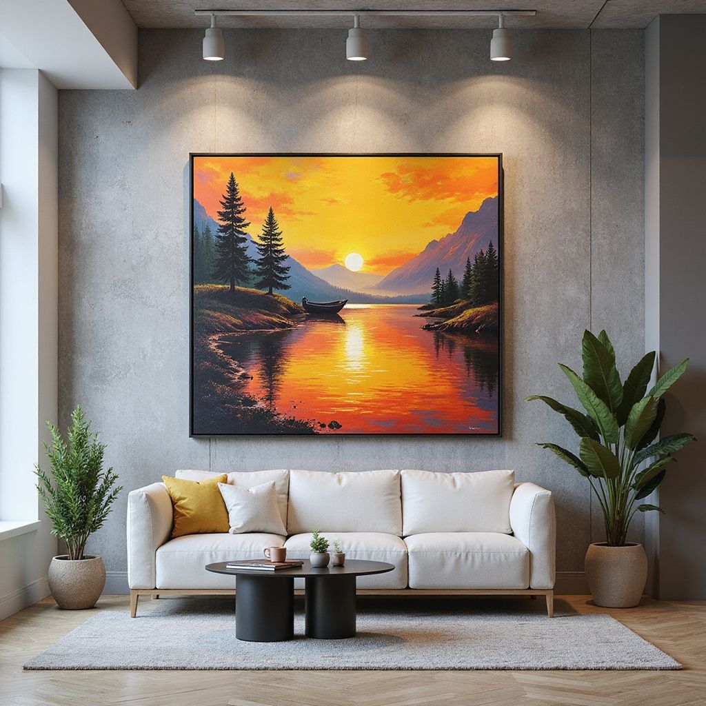 Living room with white sofa, painting of sunset over lake, plants, and coffee table.