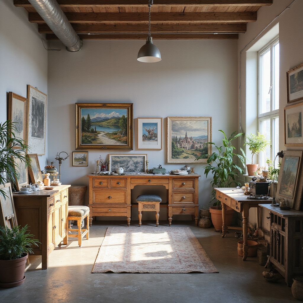 Cozy artist's studio. Wooden desk and furniture, paintings, plants, and natural light.