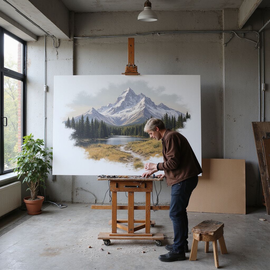 Artist paints a mountain landscape in a studio. He stands before a large canvas on an easel, working on the painting.