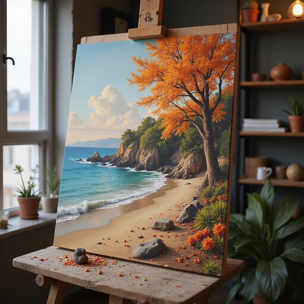 An artwork on an easel depicts a coastal autumn scene