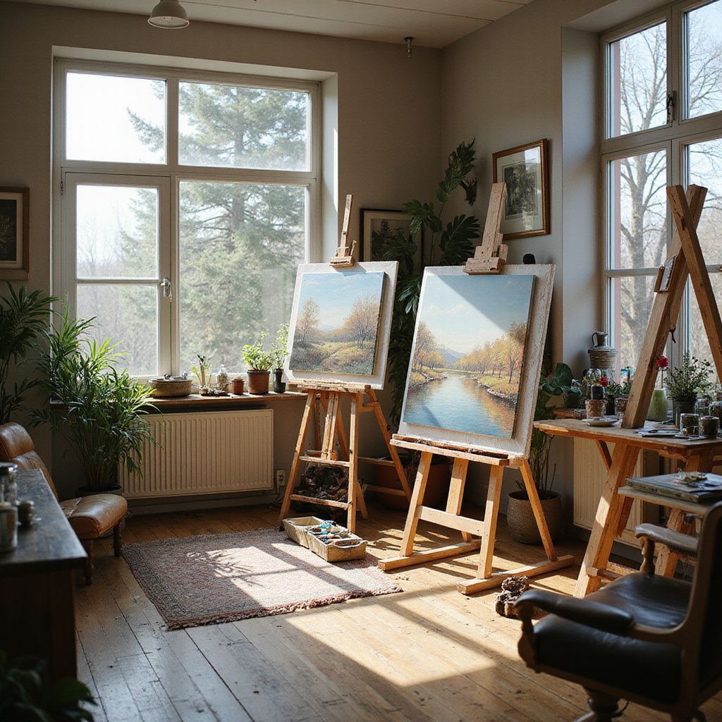 Art studio with two easels, paintings, and a sunny window overlooking trees.
