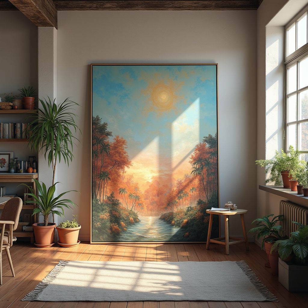 Cozy living room with large landscape painting, plants, rug, and natural light from the window.