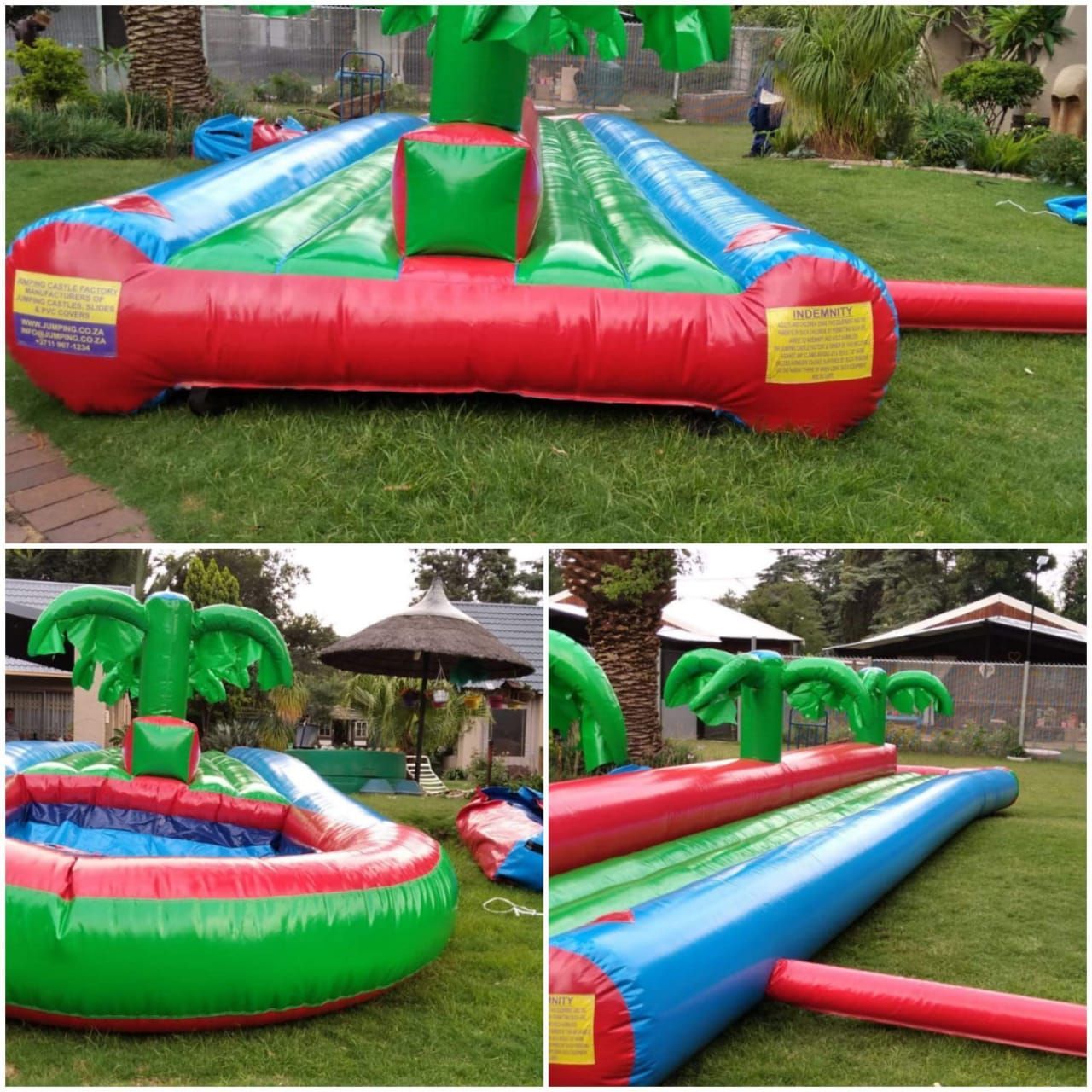 A red and green inflatable water slide with a palm tree on top