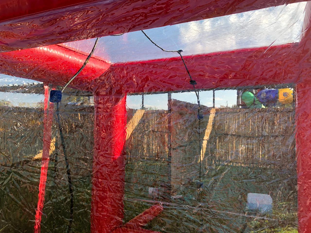 A red tent with a clear roof is sitting in the grass.