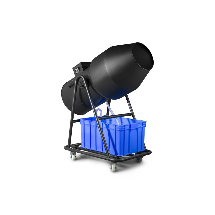 A black machine with a blue bucket attached to it.