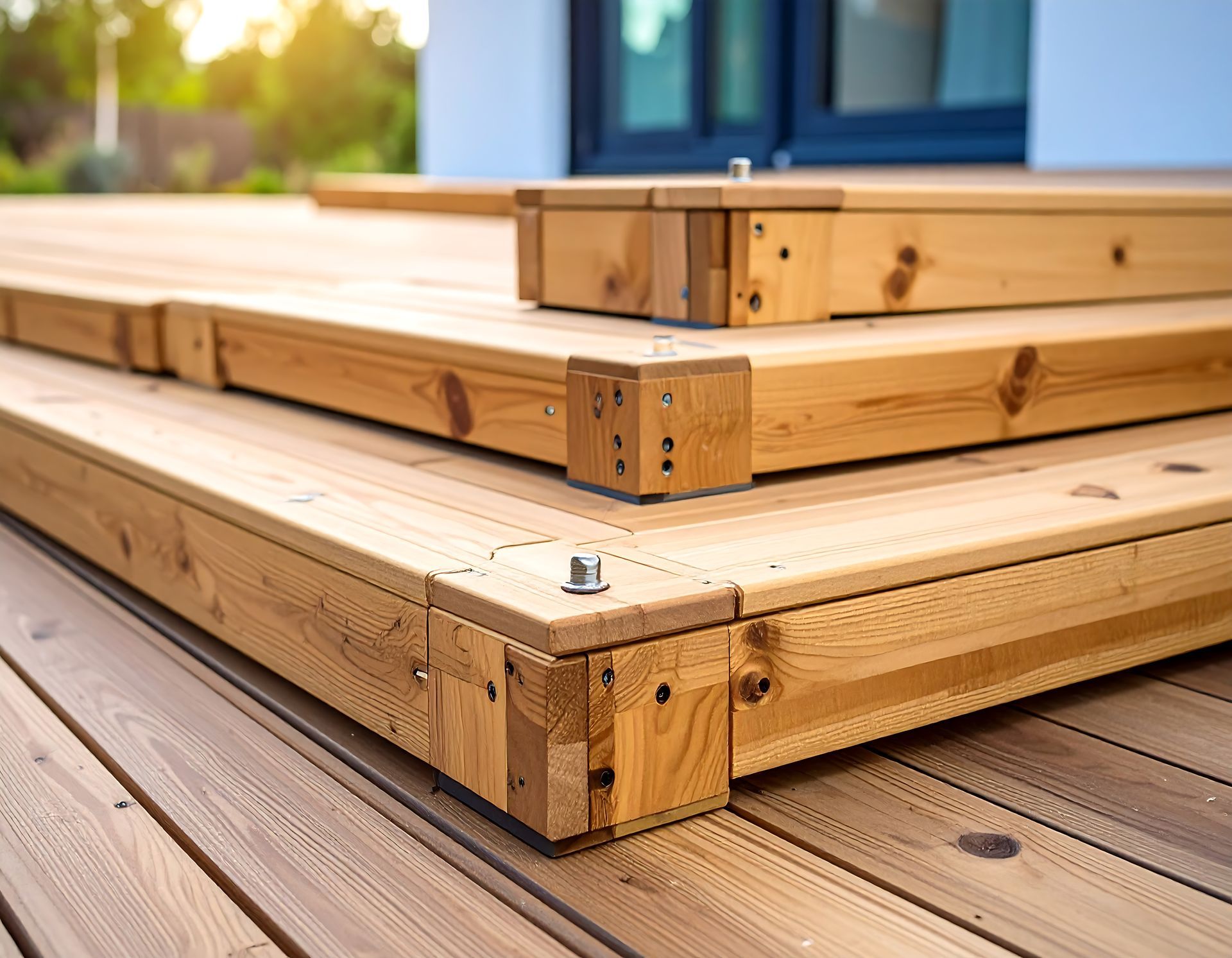 Closeup to wooden deck made with timber products. Closeup to wooden deck made with timber products.