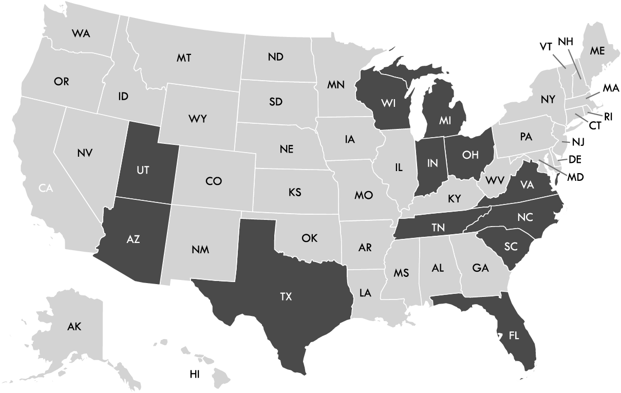 A map of the united states with california highlighted in blue.
