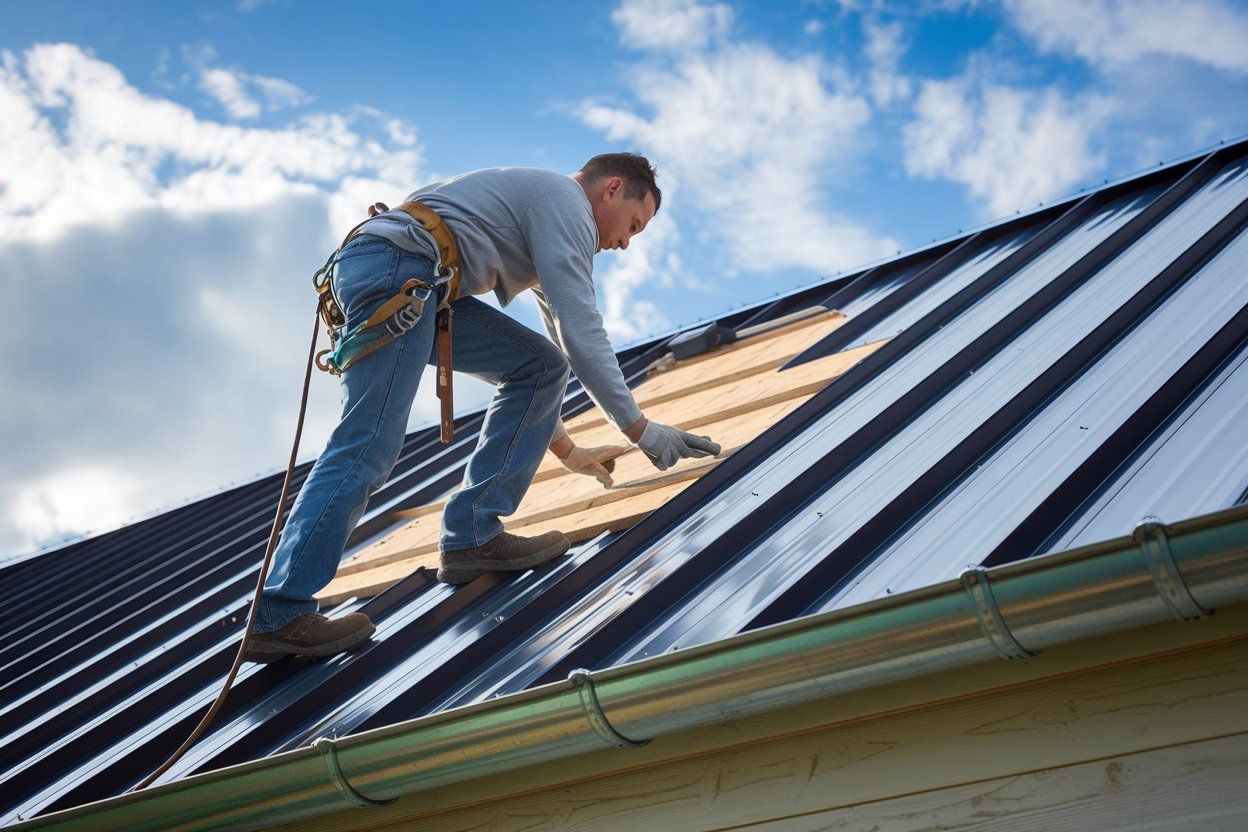 A man is working on the roof of a house.