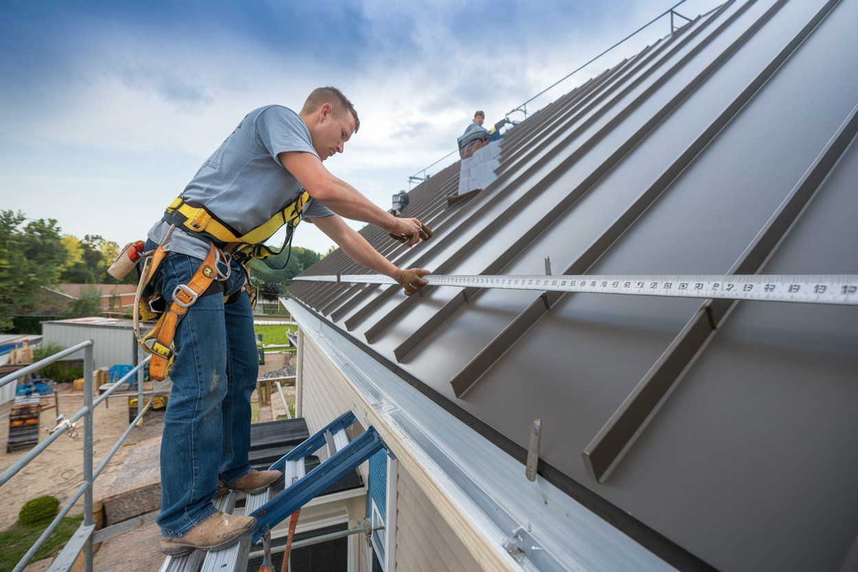 A man is measuring the roof of a house with a tape measure.