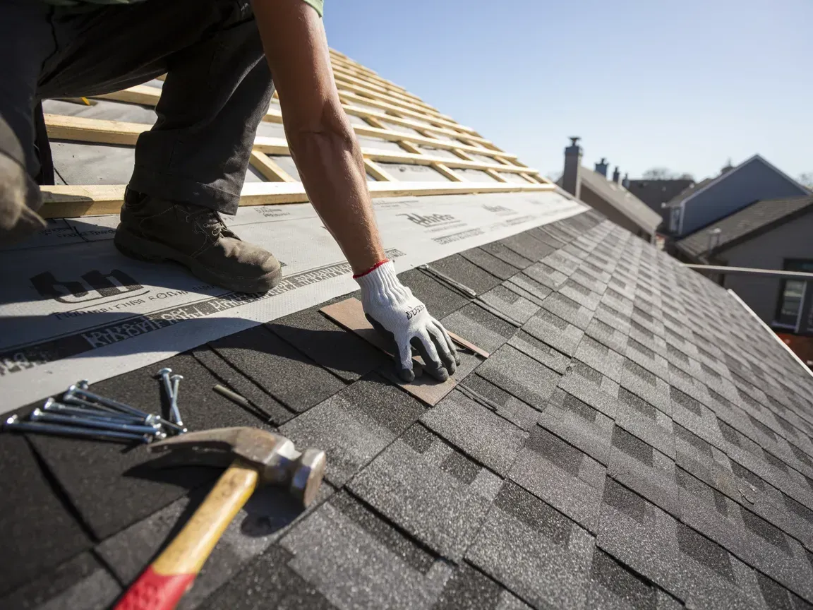 A man is measuring the roof of a house with a tape measure.