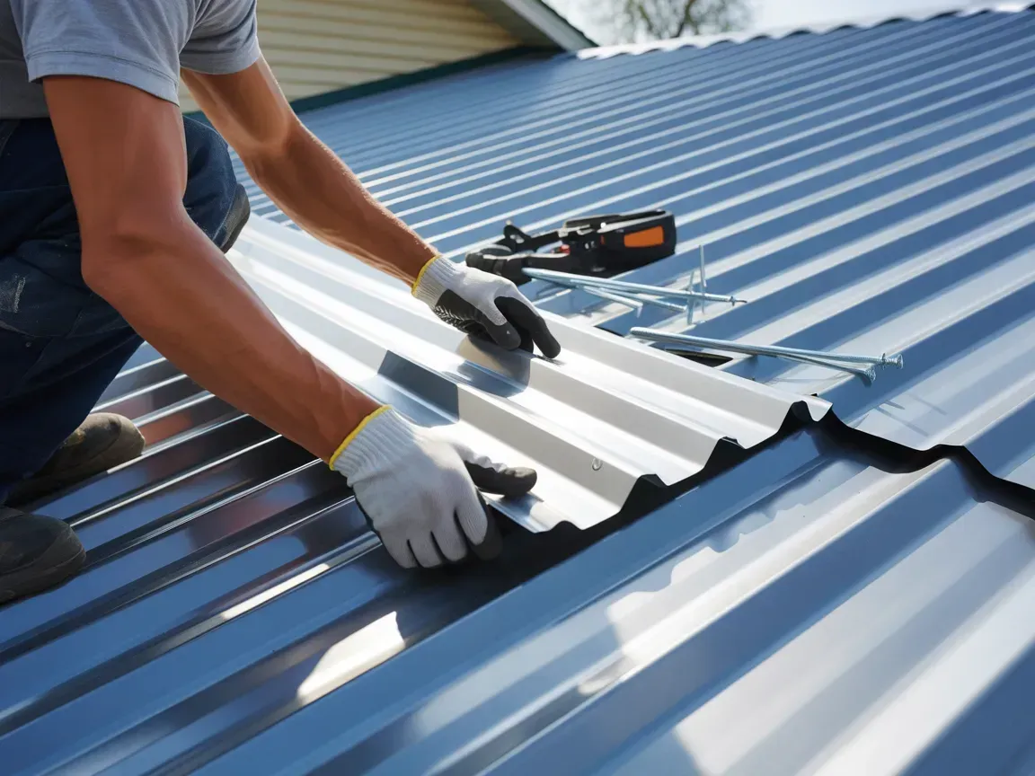 Person installing metal roofing, wearing gloves, on a sunny day.