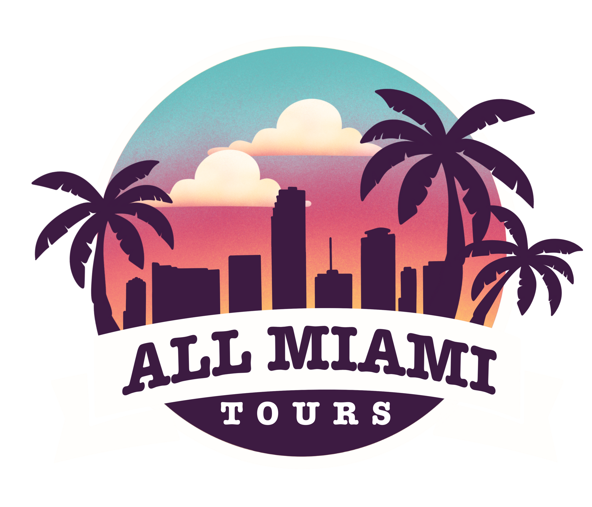 A logo for all miami tours with palm trees and a city skyline