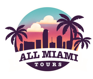 A logo for all miami tours with palm trees and a city skyline