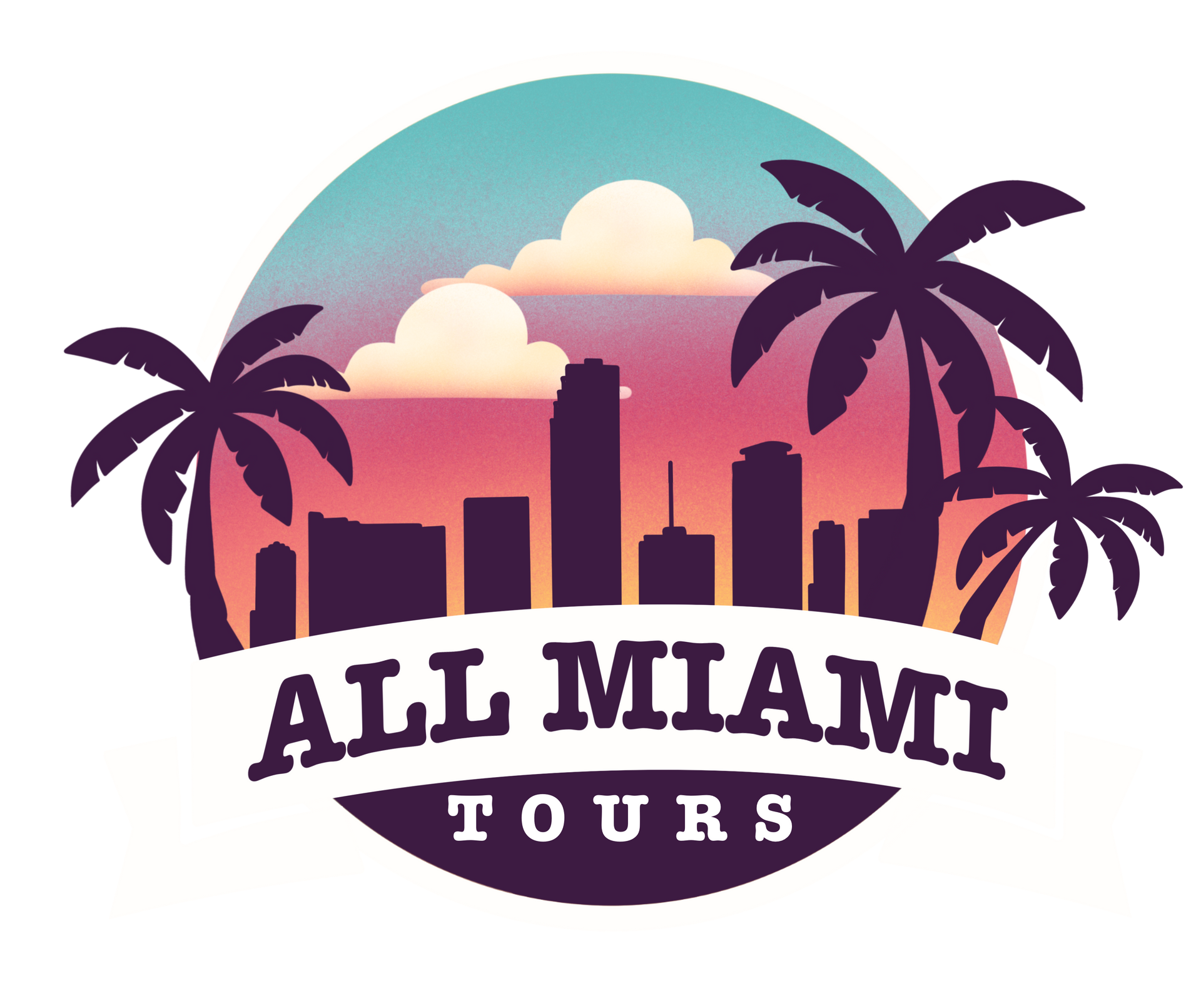 A logo for all miami tours with palm trees and a city skyline